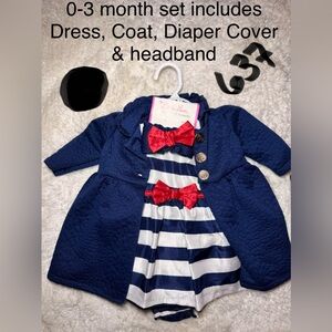 Navy and Red Kids Dress Set with Coat and Headband